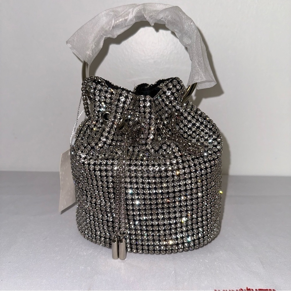 Clear Rhinestone Swing Handle Drawstring Tassel Closure Bucket Bag - Picture 4 of 11